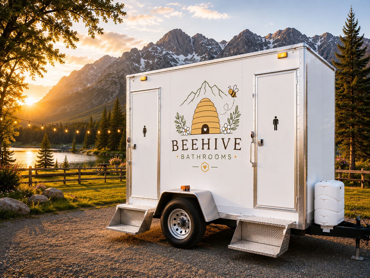 A white Beehive Bathrooms restroom trailer at sunset in front of the Utah mountains